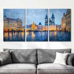 Prague Old Town 3 Panel Split Canvas Wall Art Christmas Market Lights Winter Czech Cityscape Oil Painting Framed Home Decor - thumbnail 2