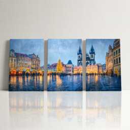 Prague Old Town 3 Panel Split Canvas Wall Art Christmas Market Lights Winter Czech Cityscape Oil Painting Framed Home Decor - thumbnail 3