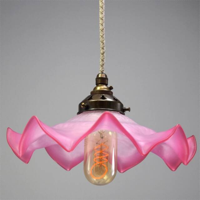Very Pretty 1950S French Frilly-Edged Deep Pink Glass Pendant Light - image 1