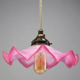Very Pretty 1950S French Frilly-Edged Deep Pink Glass Pendant Light - thumbnail 2