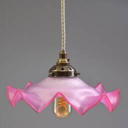 Very Pretty 1950S French Frilly-Edged Deep Pink Glass Pendant Light - thumbnail 3