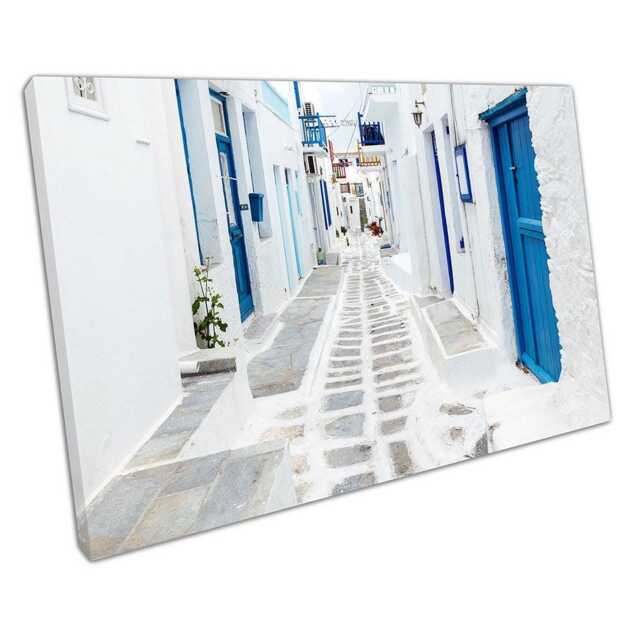 Mykonos Blue Doors Canvas Print Greek Island Street Scene Wall Art For Home & Office Decor - image 1