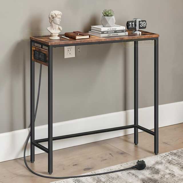 Narrow Console Table With Charging Station, Retro Walnut Hallway - image 1