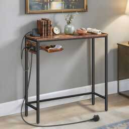 Narrow Console Table With Charging Station, Retro Walnut Hallway - thumbnail 3