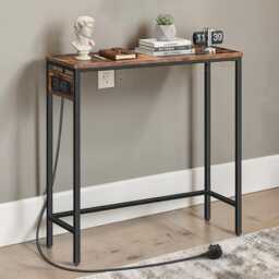 Narrow Console Table With Charging Station, Retro Walnut Hallway