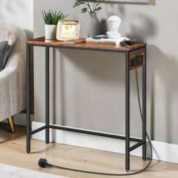 Narrow Console Table With Charging Station, Retro Walnut Hallway - thumbnail 2