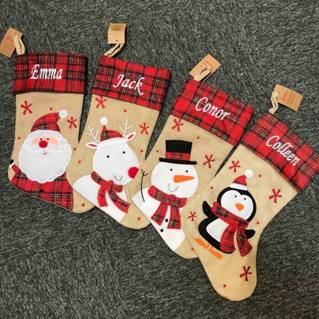 Personalised Embroidered Deluxe Plush Hessian Tartan Father Christmas Santa Snowman Reindeer Penguin Traditional Stocking - image 1