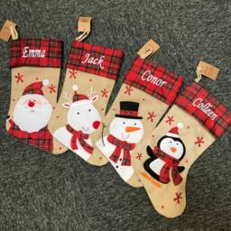 Personalised Embroidered Deluxe Plush Hessian Tartan Father Christmas Santa Snowman Reindeer Penguin Traditional Stocking - thumbnail 1