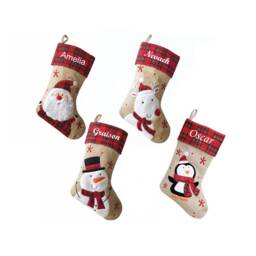Personalised Embroidered Deluxe Plush Hessian Tartan Father Christmas Santa Snowman Reindeer Penguin Traditional Stocking - thumbnail 2