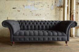 3 Seater Charcoal Grey Herringbone Wool Fabric Chesterfield Sofa, British Handmade Furniture - thumbnail 1