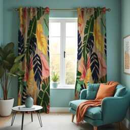 Bold Tropical Leaf Curtains, Multicolour Jungle Foliage Drapes, Vibrant Botanical Pattern Window Curtain Panels - thumbnail 3