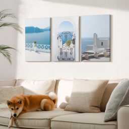 Set Of 3 Canvas Prints - Sea Views With White Buildings Greece, Blue Wall Art, Landscapes Decor - thumbnail 3