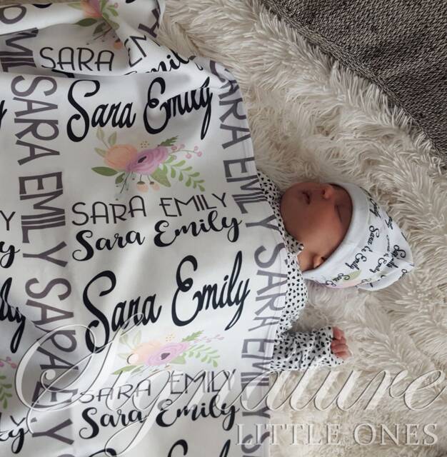 Personalized Baby Blanket, Hat, Name Swaddle Receiving Shower Gift, Birth Announcement Hat - image 1