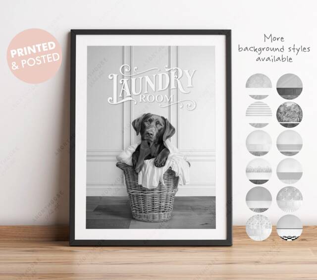 Black & White Print Chocolate Brown Labrador Retriever Dog in A Laundry Basket Print, Funny Bathroom Pet Dog Room Decor - image 1