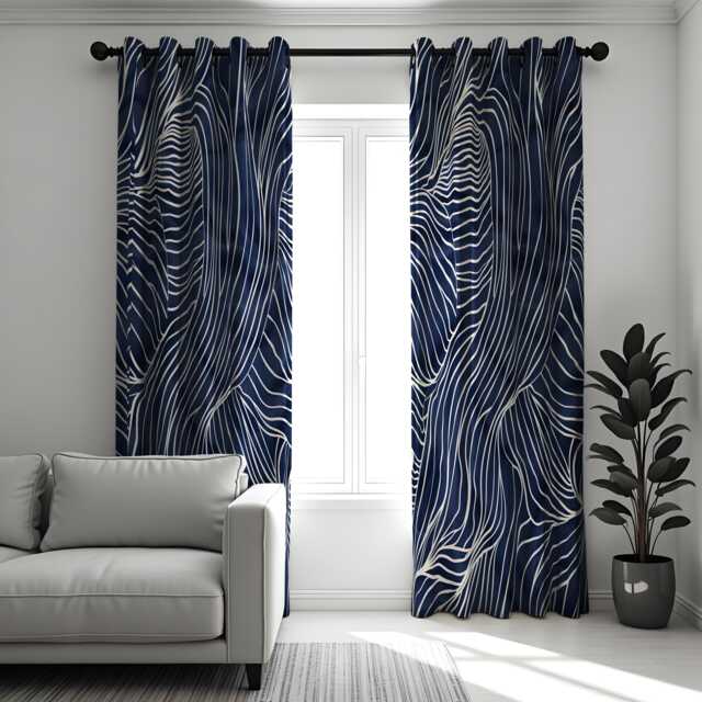 Navy Abstract Line Curtains, Modern Minimalist Drapes, Blue White Wavy Pattern Panels, Custom Size Contemporary Room Decor - image 1