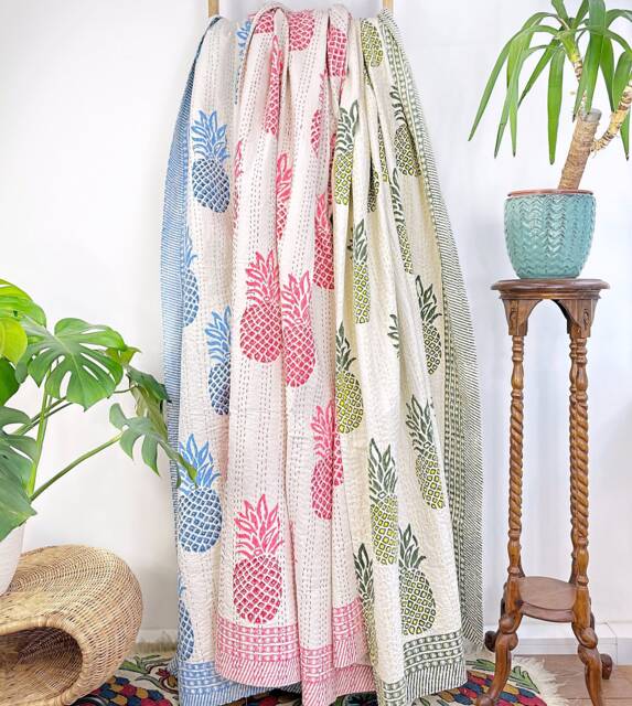 Kantha Stitch Pure Cotton Reversible Bed/Sofa Throw King Size - Tropical Floral Dohar Indian Blankets Summer White Pink Red Pineapple - image 1