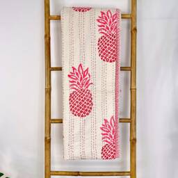 Kantha Stitch Pure Cotton Reversible Bed/Sofa Throw King Size - Tropical Floral Dohar Indian Blankets Summer White Pink Red Pineapple - thumbnail 3