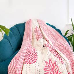 Kantha Stitch Pure Cotton Reversible Bed/Sofa Throw King Size - Tropical Floral Dohar Indian Blankets Summer White Pink Red Pineapple - thumbnail 2