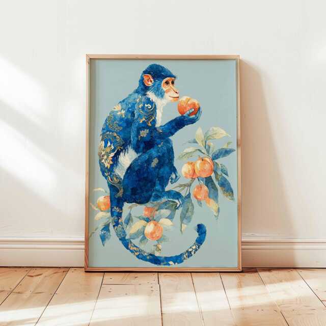 Blue Monkey Art Print - Decorative Jungle Animal Poster, Peach Tree Wall Art, Whimsical Botanical Illustration - Unframed - image 1