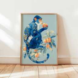 Blue Monkey Art Print - Decorative Jungle Animal Poster, Peach Tree Wall Art, Whimsical Botanical Illustration - Unframed - thumbnail 1