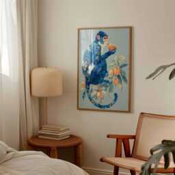 Blue Monkey Art Print - Decorative Jungle Animal Poster, Peach Tree Wall Art, Whimsical Botanical Illustration - Unframed - thumbnail 3