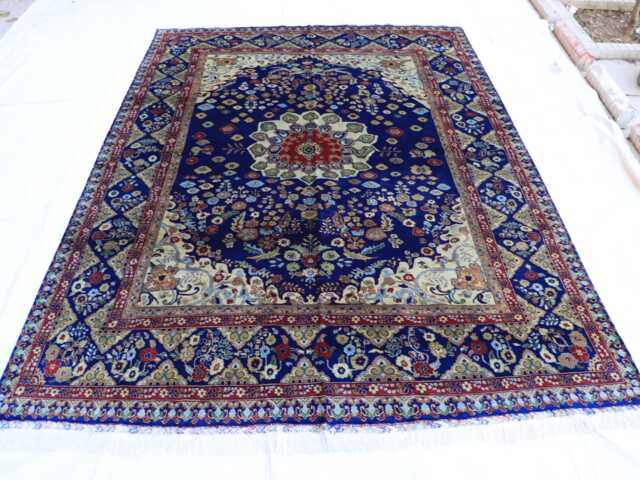 Hand-Knotted Wool Afghan Rug 9.5x6.7 Ft, Navy Blue Medallion Tabriz Design - image 1