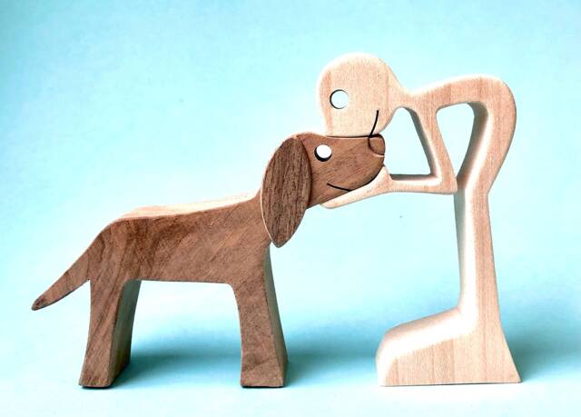 A Man & A Dog, Version 3 Original Wood Sculpture 2.5D