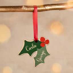Personalized Holly Leaf Christmas Ornament - Newlywed Bauble - thumbnail 3