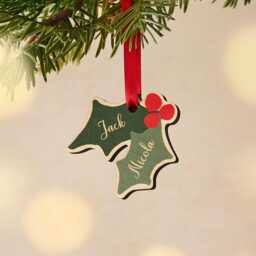 Personalized Holly Leaf Christmas Ornament - Newlywed Bauble - thumbnail 1