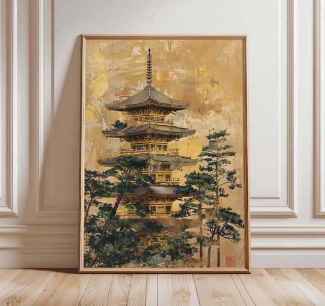 Japanese Pagoda Poster, Traditional Temple Wall Art Print, Gold Foil Style Asian Architecture Decor, Zen Japan Landscape Unframed - image 1