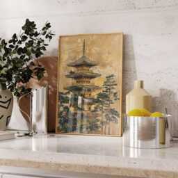 Japanese Pagoda Poster, Traditional Temple Wall Art Print, Gold Foil Style Asian Architecture Decor, Zen Japan Landscape Unframed - thumbnail 2