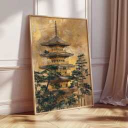 Japanese Pagoda Poster, Traditional Temple Wall Art Print, Gold Foil Style Asian Architecture Decor, Zen Japan Landscape Unframed - thumbnail 3