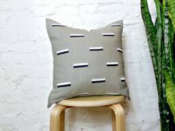 stone Gray Linen Pillow Cover With Black & White Print /Block Printed Cushion Minimalist Decorative Throw Neutral Geometric Bedding Accent - thumbnail 1