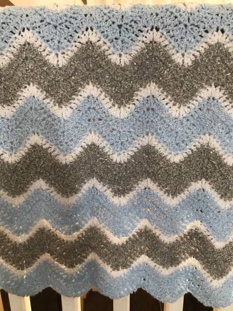 Blue & Grey Baby Blanket - Striped Handmade Boy Crochet Ripple For Shower - image 1