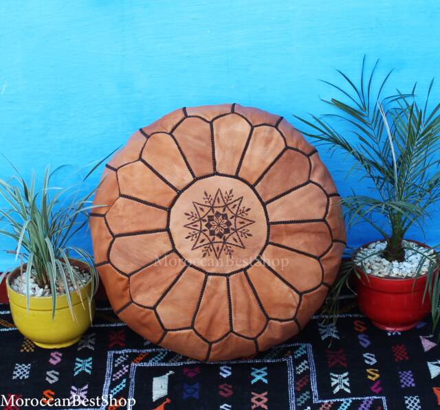 Handmade Moroccan Leather Pouf Round Ottoman Footstool, Unstuffed - image 1