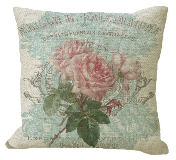 Pink Faded French Roses On Aqua in Choice Of 16x16 Cream Burlap
