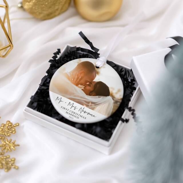Personalised Married Photo Ornaments, Just Bauble, First Christmas As Mr & Mrs Decoration, Couple Wedding Gifts - image 1