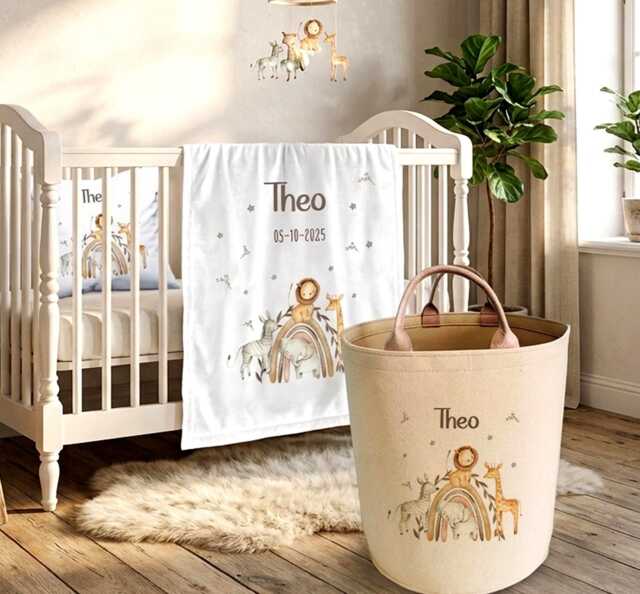 Personalised Safari Rainbow Baby Blanket Hamper - Neutral Nursery Basket Wild One Jungle Theme Gift - image 1