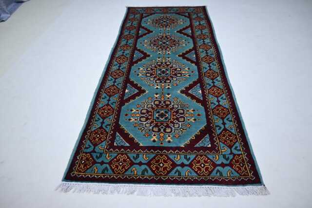 7 Ft Blue Runner Rug 2'9x6'5 Afghan Hand Knotted Veg Dyes Wool Rug - Geometric Oriental Short Hallway Kitchen - image 1