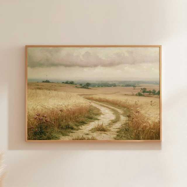 Golden Meadow Path Poster, Country Landscape Print, Paper Wall Art - image 1
