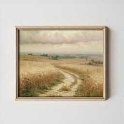 Golden Meadow Path Poster, Country Landscape Print, Paper Wall Art - thumbnail 2