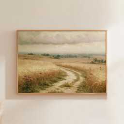 Golden Meadow Path Poster, Country Landscape Print, Paper Wall Art - thumbnail 1