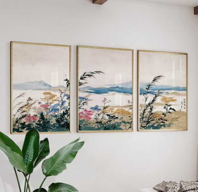 Japanese Landscape Wall Art Posters - Vintage Botanical Mountain Illustration Triptych Set Of 3 - image 1