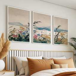 Japanese Landscape Wall Art Posters - Vintage Botanical Mountain Illustration Triptych Set Of 3 - thumbnail 2