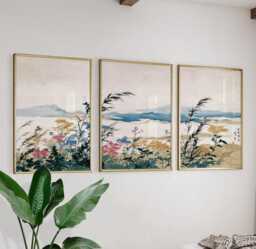 Japanese Landscape Wall Art Posters - Vintage Botanical Mountain Illustration Triptych Set Of 3 - thumbnail 1