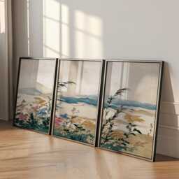 Japanese Landscape Wall Art Posters - Vintage Botanical Mountain Illustration Triptych Set Of 3 - thumbnail 3