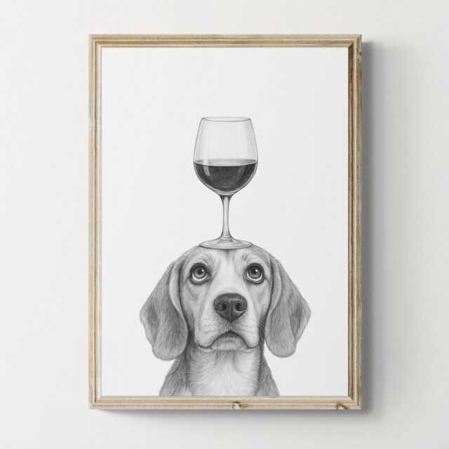 Beagle Dog Art Print, Funny & Wine Drawing, Lover Wall Decor, Lovers Gifts - image 1