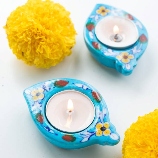 Floral Blue Tea Light Candle Holder Set Of 2/4/6, Candel Stand, T-Light Holder, Handcrafted Diyas, Potters in Jaipur - image 1