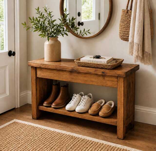Handmade Solid Wood Rustic Bench With Shoe Shelf - Farmhouse Entryway Console Table - image 1
