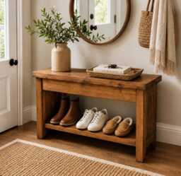 Handmade Solid Wood Rustic Bench With Shoe Shelf - Farmhouse Entryway Console Table - thumbnail 1